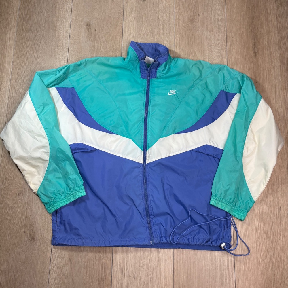 Vintage 80s Nike Colorblock Nylon Windbreaker Jacket Teal Purple White Womens XL